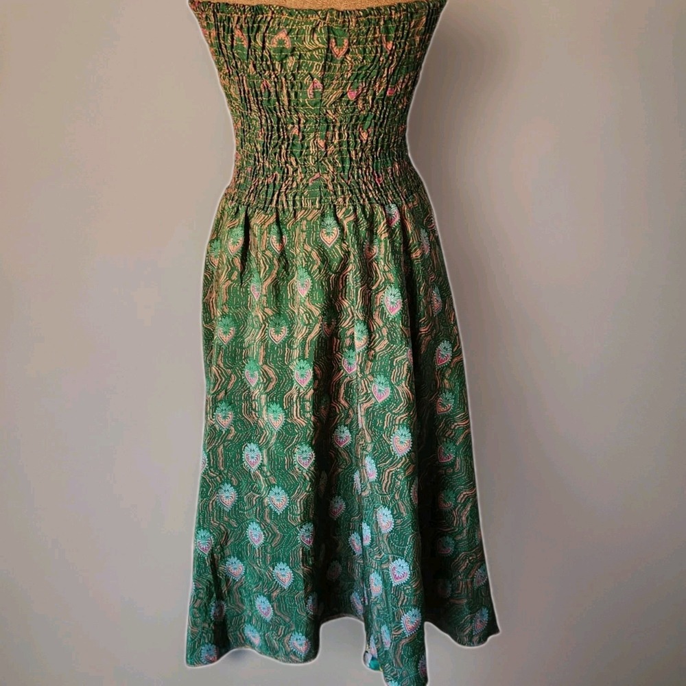 India Tube Dress Green Multicolor Layered Bohemian 100% Silk Stretch Size XS/S - Picture 2 of 6